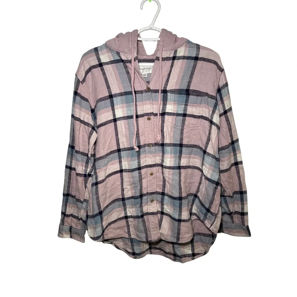 American Eagle Plaid Flannel Hoodie Shirt Womens Medium Grunge Casual Outdoor‎